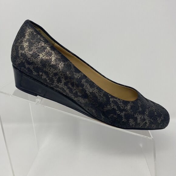 TROTTERS Signature 7.5W Slip On Wedges Metallic Black Animal Print Office Heels - Picture 2 of 16